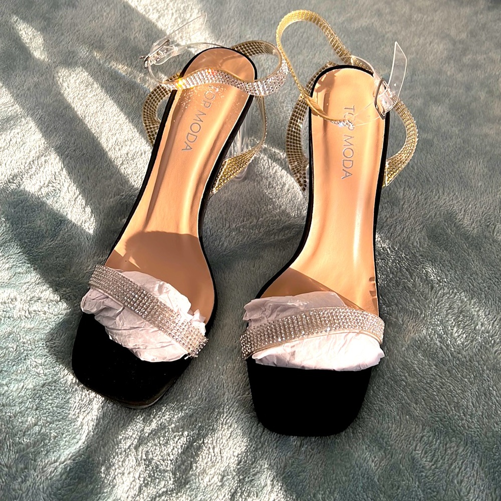 Top moda jeweled strap clear block heel 5.5